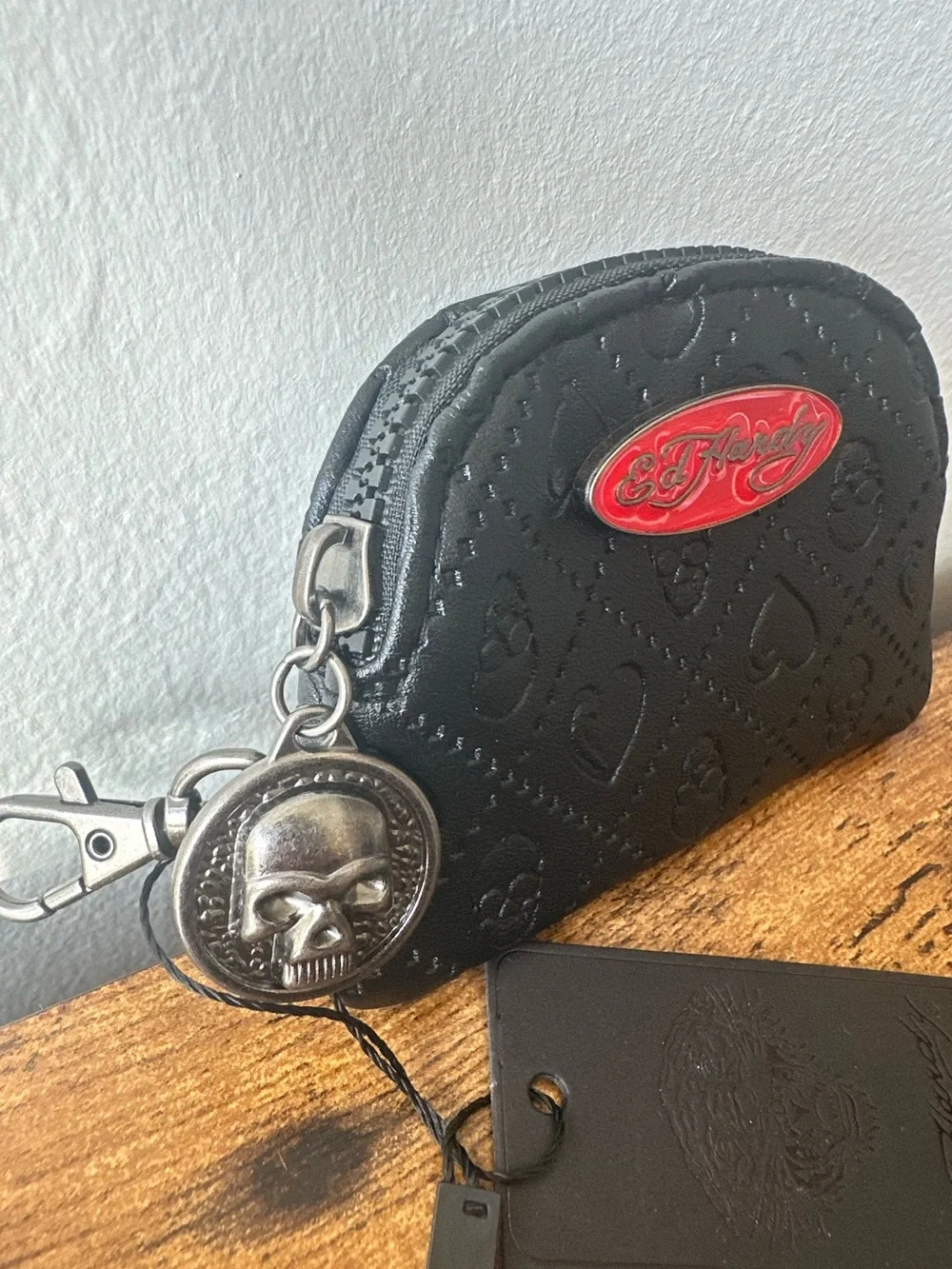 Ed Hardy Black Faux Leather Skull Embossed Coin Pouch Bag Charm Keychain NWT